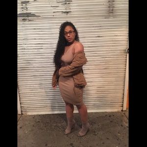 V-Neck Tan Midi Dress